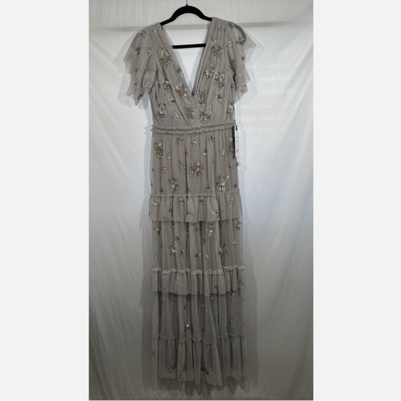 NWT $598 Mac Duggal [ 6 ] Ruffle Tiered Embellished Flutter Sleeve Gown‎ Grey - Picture 7 of 15